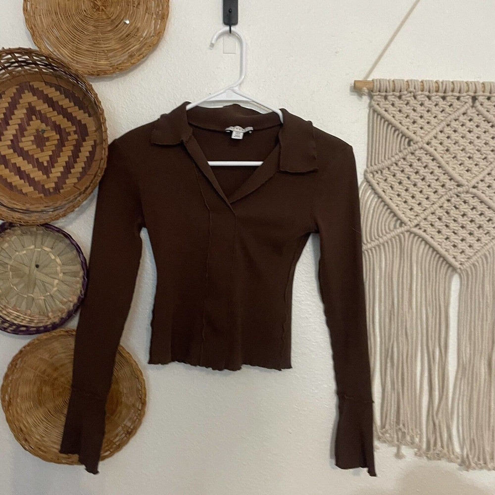 Women's TOPSHOP Cropped Collared Sweatshirt in Brown Size 2 Xs Trendy